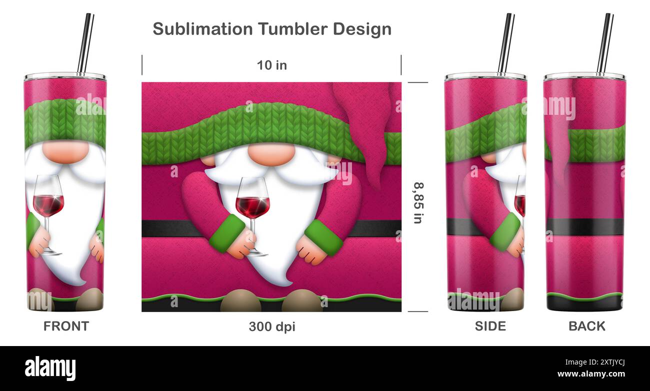 Drôle de personnage de dessin animé Gnome Red Wine Lover. Modèle de sublimation sans couture pour gobelet skinny de 20 oz. Illustration de sublimation. Banque D'Images