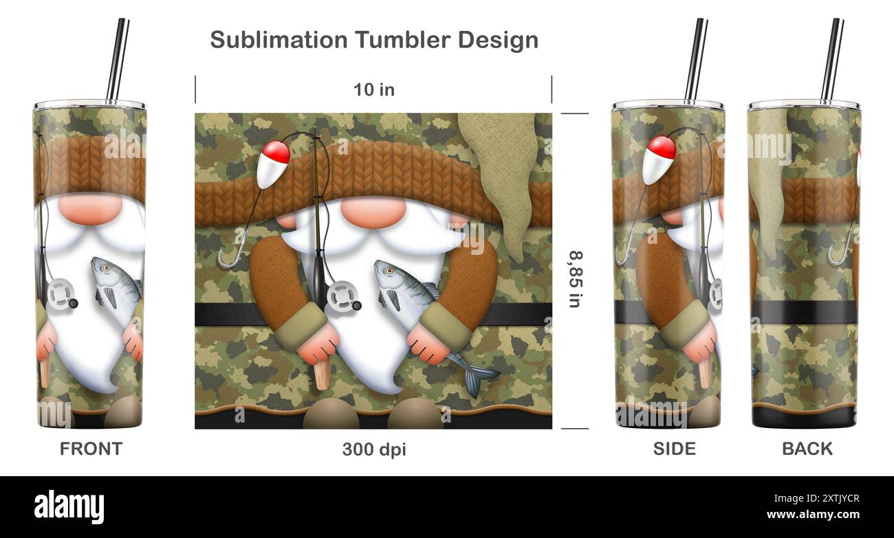 Personnage de dessin animé drôle Fisherman Gnome. Modèle de sublimation sans couture pour gobelet skinny de 20 oz. Illustration de sublimation. Banque D'Images
