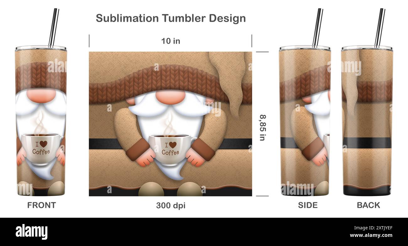 Drôle de personnage de dessin animé amateur de café Gnome. Modèle de sublimation sans couture pour gobelet skinny de 20 oz. Illustration de sublimation. Banque D'Images