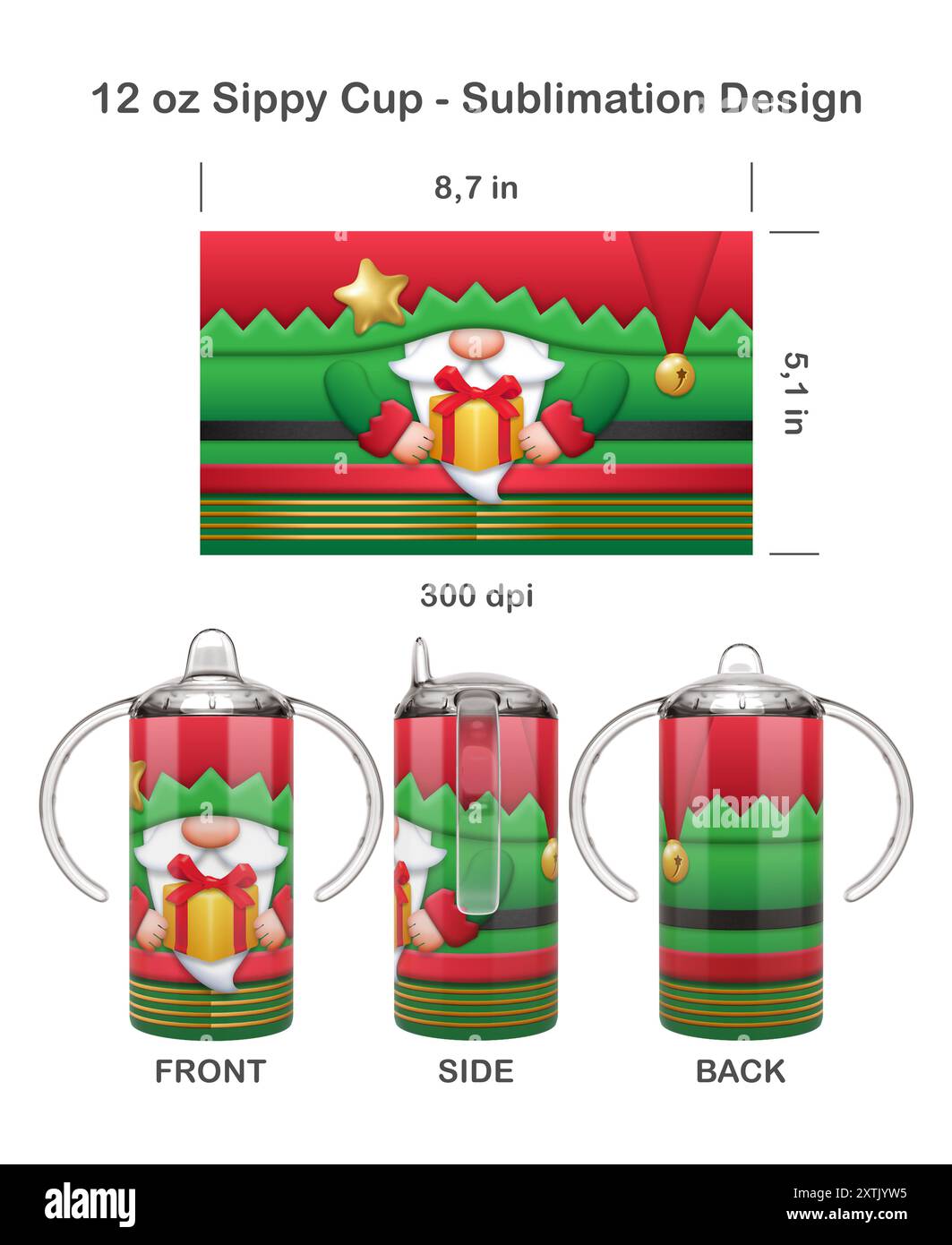 Lutin de Noël drôle. Modèle de sublimation sans couture pour 12 oz Kids Sippy Cup. Sans couture d'un bord à l'autre. Emballage pour tasse pleine. Banque D'Images