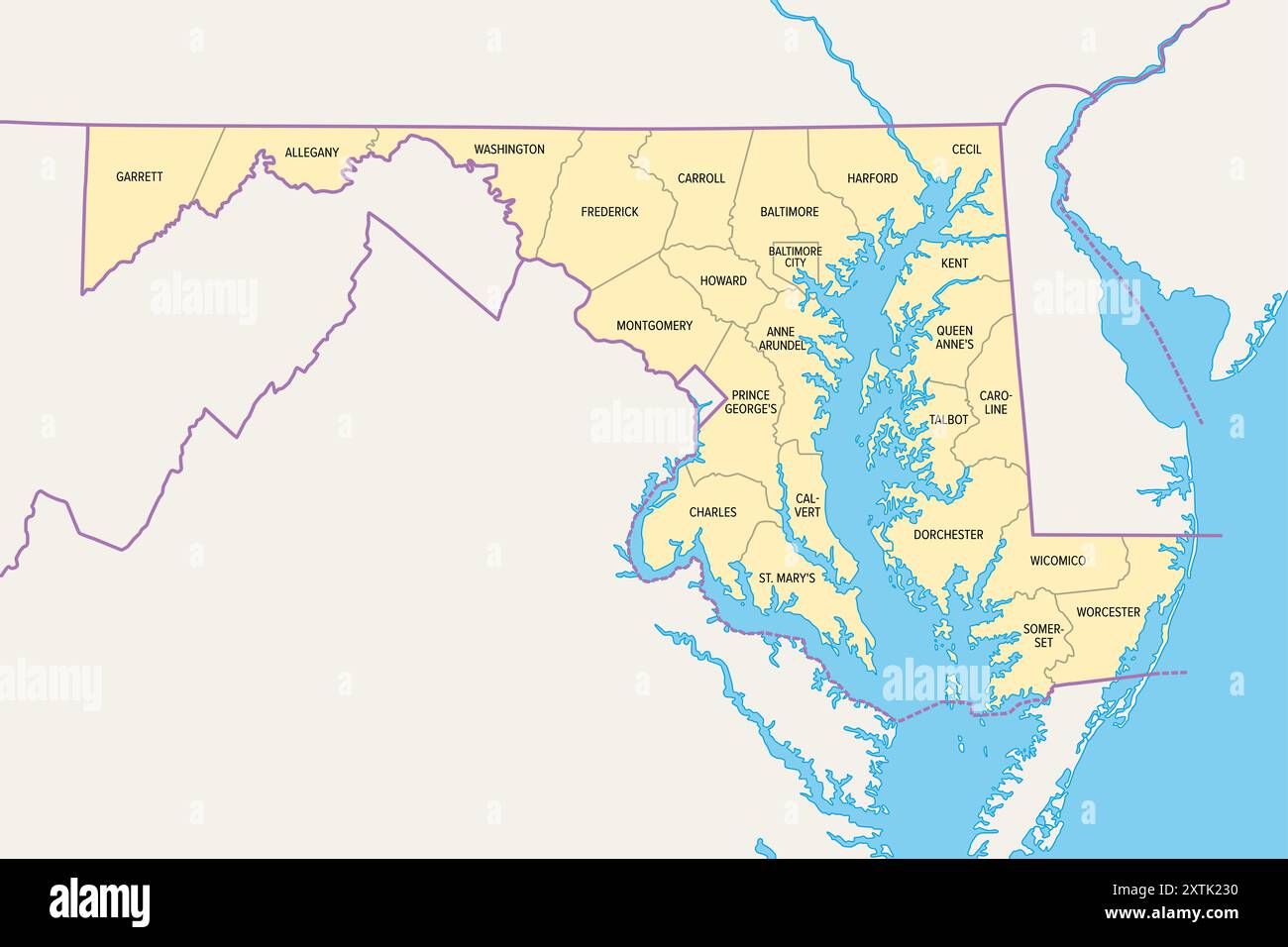 Maryland, état américain, carte politique avec frontières et noms de comté. État dans la région Mid-Atlantic des États-Unis, subdivisé en 23 comtés. Banque D'Images