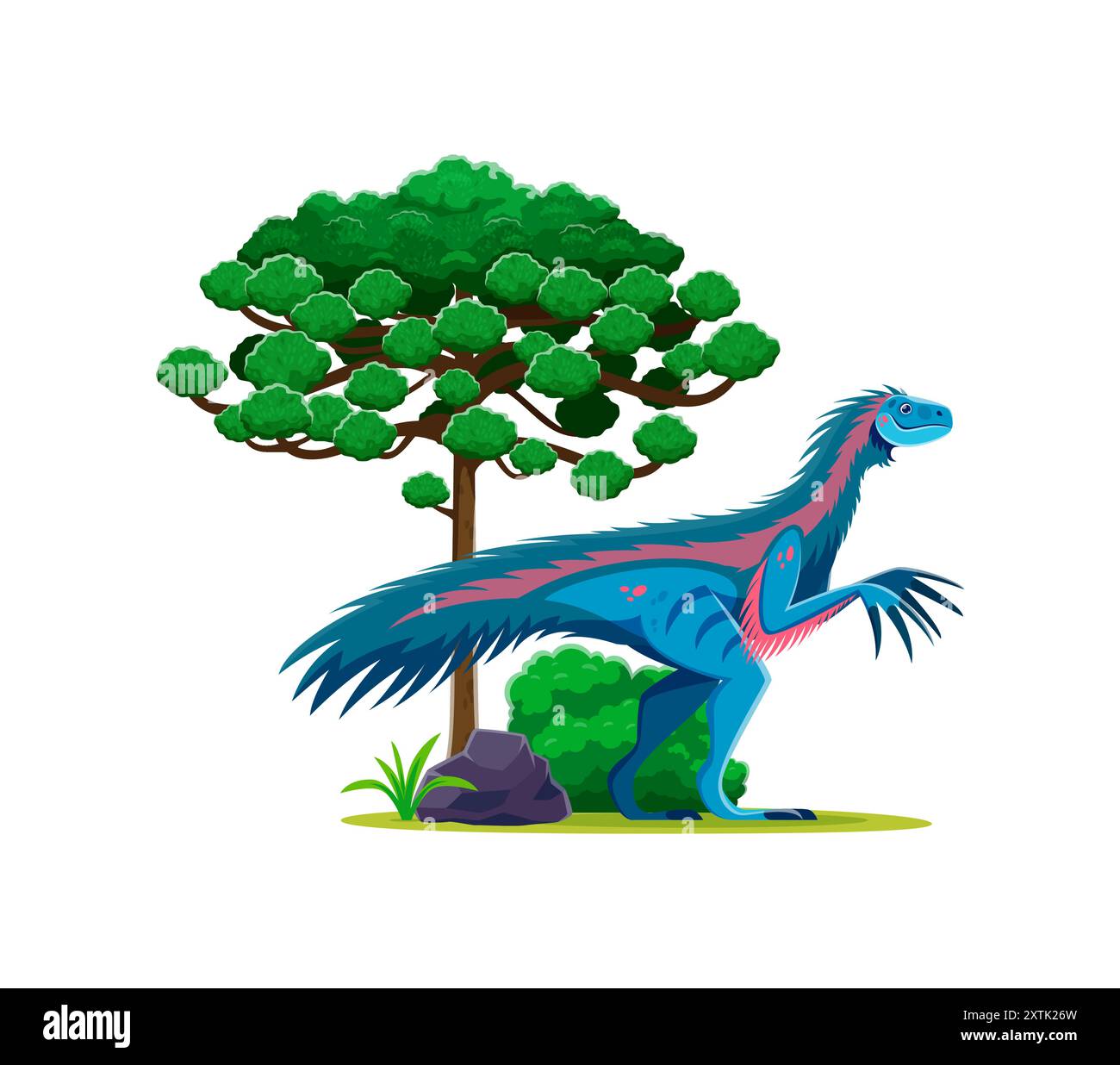 Dinosaure préhistorique Therizinosaurus dans le paysage de l'ère du Crétacé supérieur. Vecteur de bande dessinée isolé à plumes herbivore caractère dino ressemblant à un énorme oiseau avec de longues jambes et des supports de cou sous un grand arbre Illustration de Vecteur