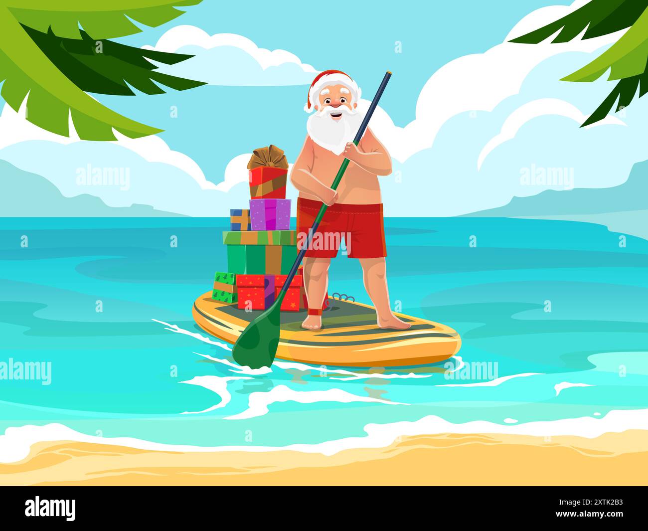 Père Noël sur sup ou paddleboard. Dessin animé vecteur mignon santa claus dans des malles de natation rouges et chapeau debout sur le plateau de paddle avec des cadeaux contre l'océan tropical Illustration de Vecteur