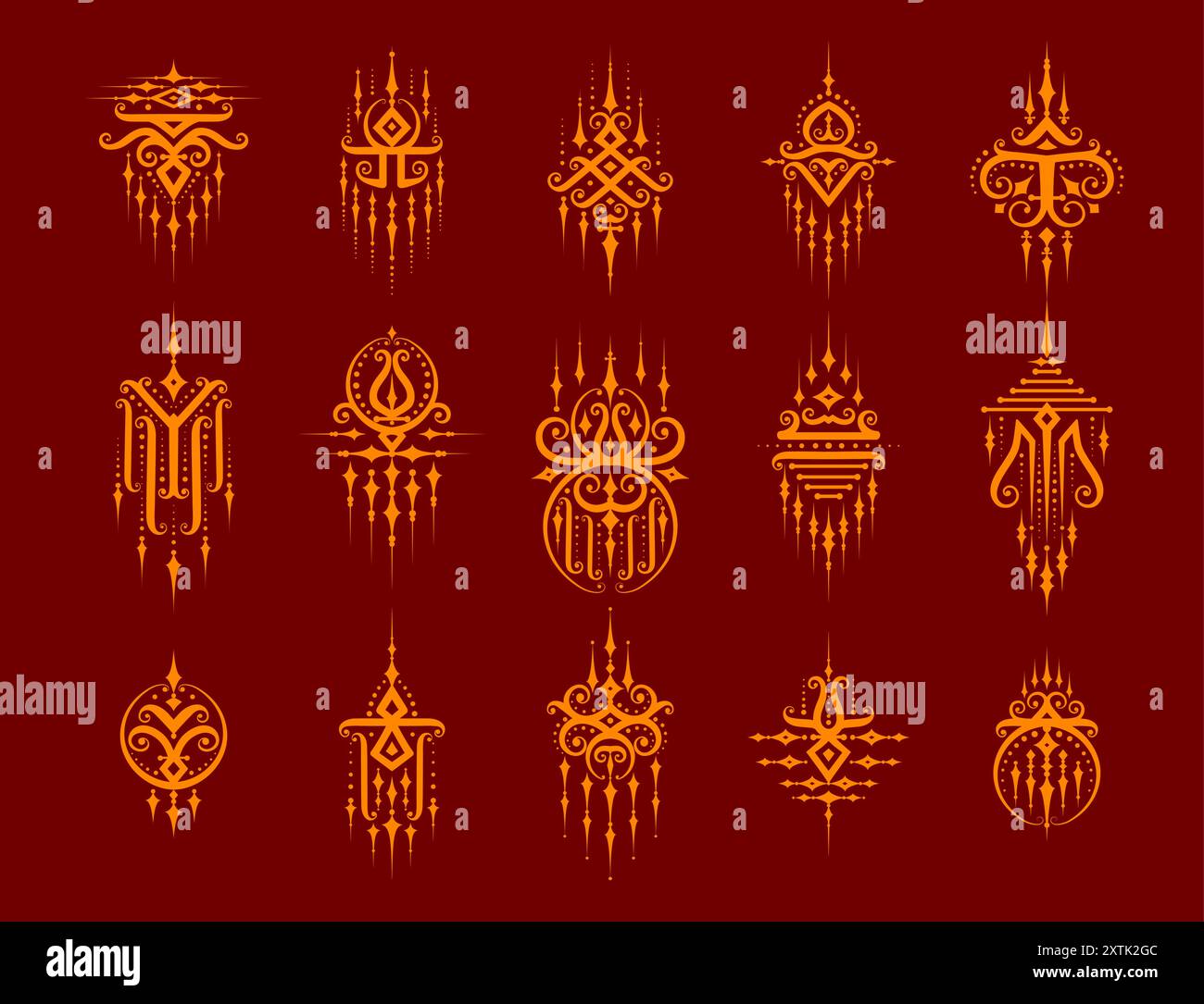 Symboles thaïlandais orientaux sacrés de tatouage Yantra ou de talismans de Bouddha, amulettes vectorielles. Thaïlande symboles d'art mystique du tatouage de Sak Yant avec des ornements religieux ésotériques du bouddhisme de signes sacrés thaïlandais Illustration de Vecteur