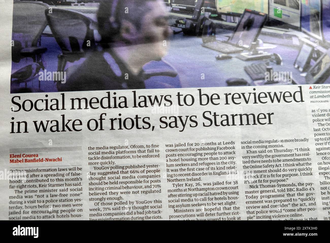 « Les lois sur les médias sociaux doivent être révisées à la suite des émeutes », dit (Keir) Starmer, titre du journal Guardian article de désinformation 10 août 2024 Londres Royaume-Uni Banque D'Images