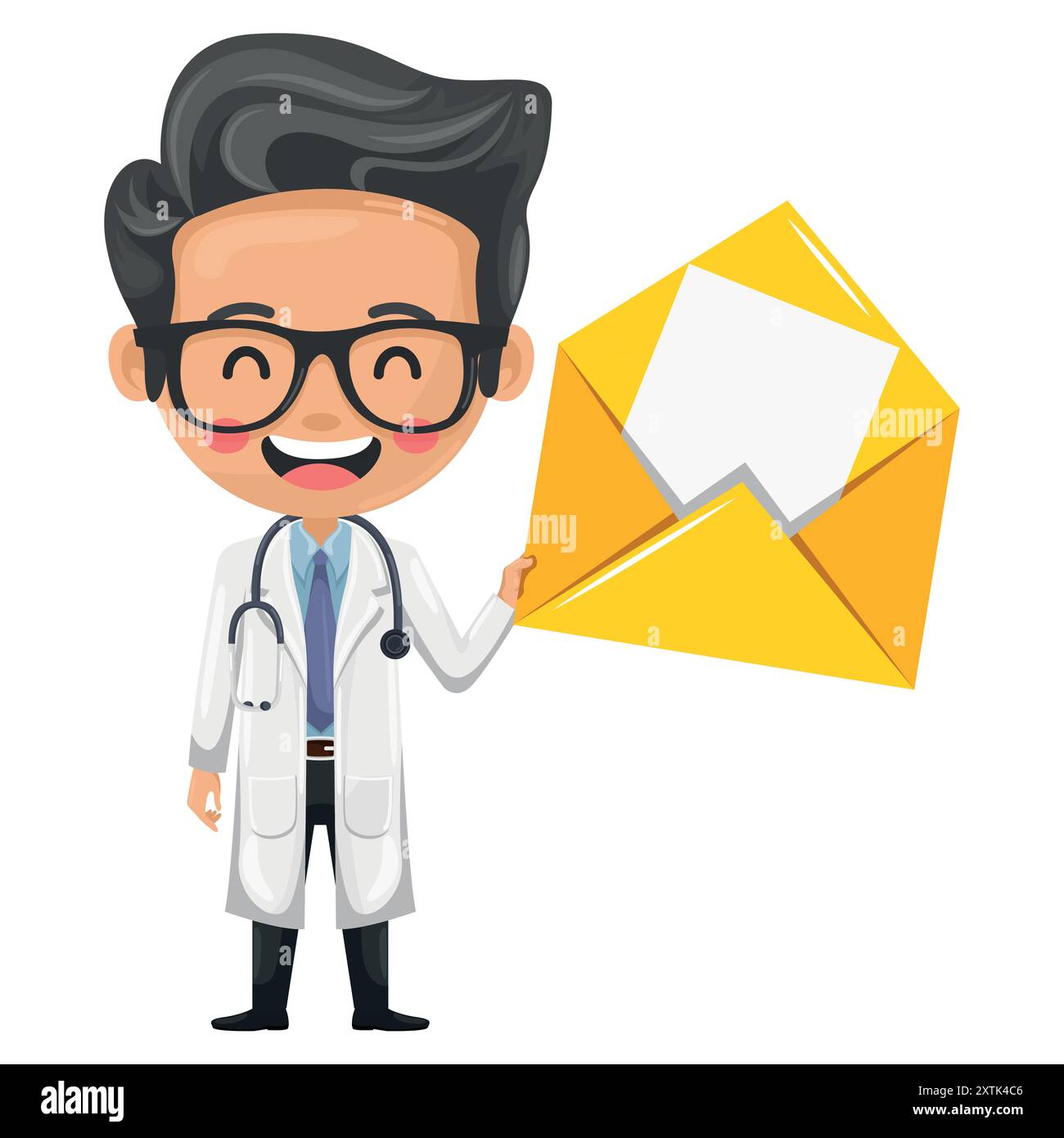 Médecin de dessin animé avec un stéthoscope avec enveloppe de lettre pour l'email. Concept de santé et de médecine. Concept de communication, de notification et de contact. RES Illustration de Vecteur