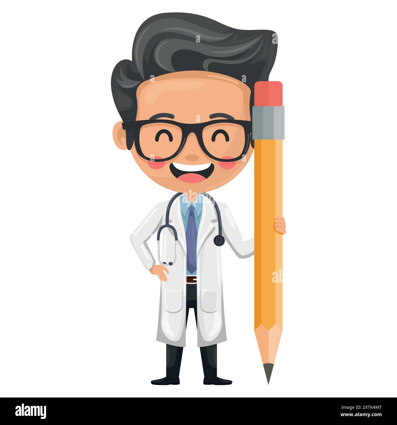 Caricature d'un médecin avec un crayon symbolisant l'importance de la documentation, de l'étude et de la créativité dans la pratique médicale. Concept de santé et de médecine. Illustration de Vecteur