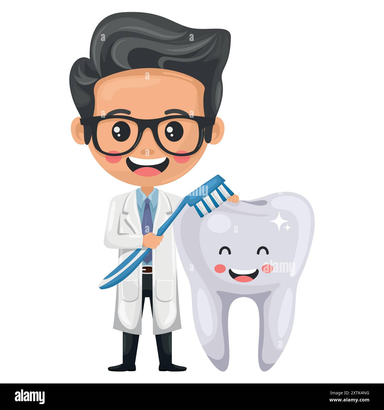 Docteur dessin animé brossant une dent avec une brosse à dents. Prévention, diagnostic et traitement des maladies des dents et des gencives. Hygiène dentaire et soins bucco-dentaires. Dent Illustration de Vecteur