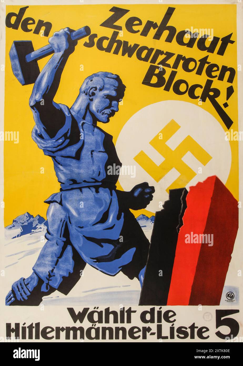Zerhaut den schwarzroten Block ! « Chop le bloc noir et rouge en deux ! » 1924-1933 mars Géographie publication : Munich (Allemagne) AFFICHE ÉLECTORALE pro-NAZIE D'Un HOMME BRISANT Une affiche politique ROUGE ET NOIRE publiée par Hermann Esser et imprimée à Munich, Allemagne, promouvant les candidats du parti nazi pour une élection nationale tenue entre 1924 et 1933. L'affiche montre une image d'un commerçant brisant un bloc noir et rouge (gouvernement précédent) avec un marteau, tandis qu'une croix gammée brillante dans un cercle ressemblant à un soleil planant au-dessus de l'horizon. Banque D'Images Zerhaut den schwarzroten Block ! « Chop le bloc noir et rouge en deux ! » 1924-1933 mars Géographie publication : Munich (Allemagne) AFFICHE ÉLECTORALE pro-NAZIE D'Un HOMME BRISANT Une affiche politique ROUGE ET NOIRE publiée par Hermann Esser et imprimée à Munich, Allemagne, promouvant les candidats du parti nazi pour une élection nationale tenue entre 1924 et 1933. L'affiche montre une image d'un commerçant brisant un bloc noir et rouge (gouvernement précédent) avec un marteau, tandis qu'une croix gammée brillante dans un cercle ressemblant à un soleil planant au-dessus de l'horizon. Banque D'Images