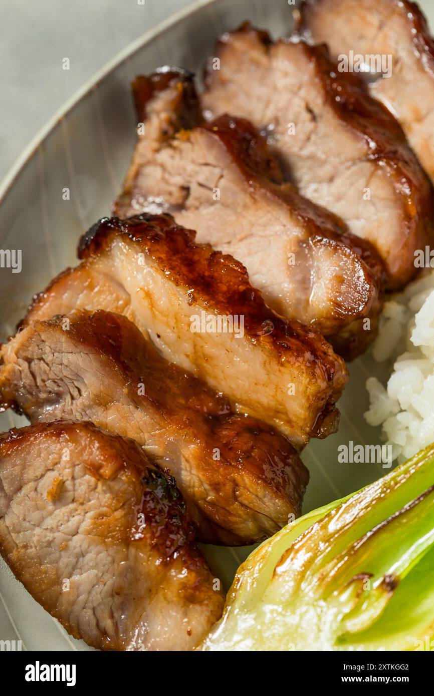 Porc Char Siu chinois avec Bok Choy et riz blanc Banque D'Images