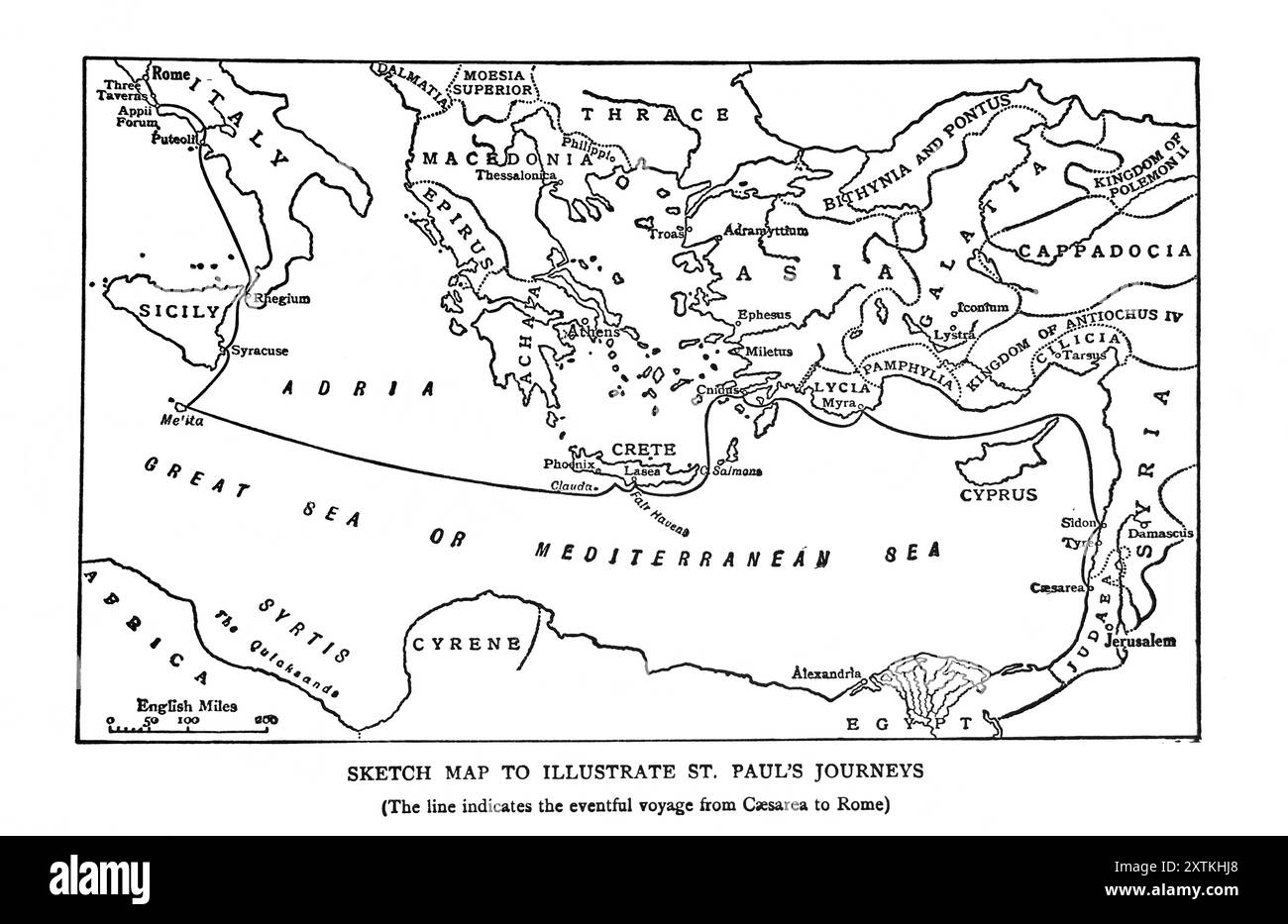 Croquis d'une carte pour illustrer les voyages de Saint Paul la ligne indique le voyage mouvementé de Césarée à Rome à partir de l'ancien livre du XIXe siècle The Preci Banque D'Images