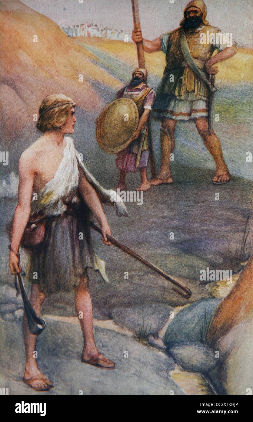 Illustration de David devant le Goliath géant tenant son Sling du livre antique du XIXe siècle The Precious Gift Bible Stories for Children with Illu Banque D'Images