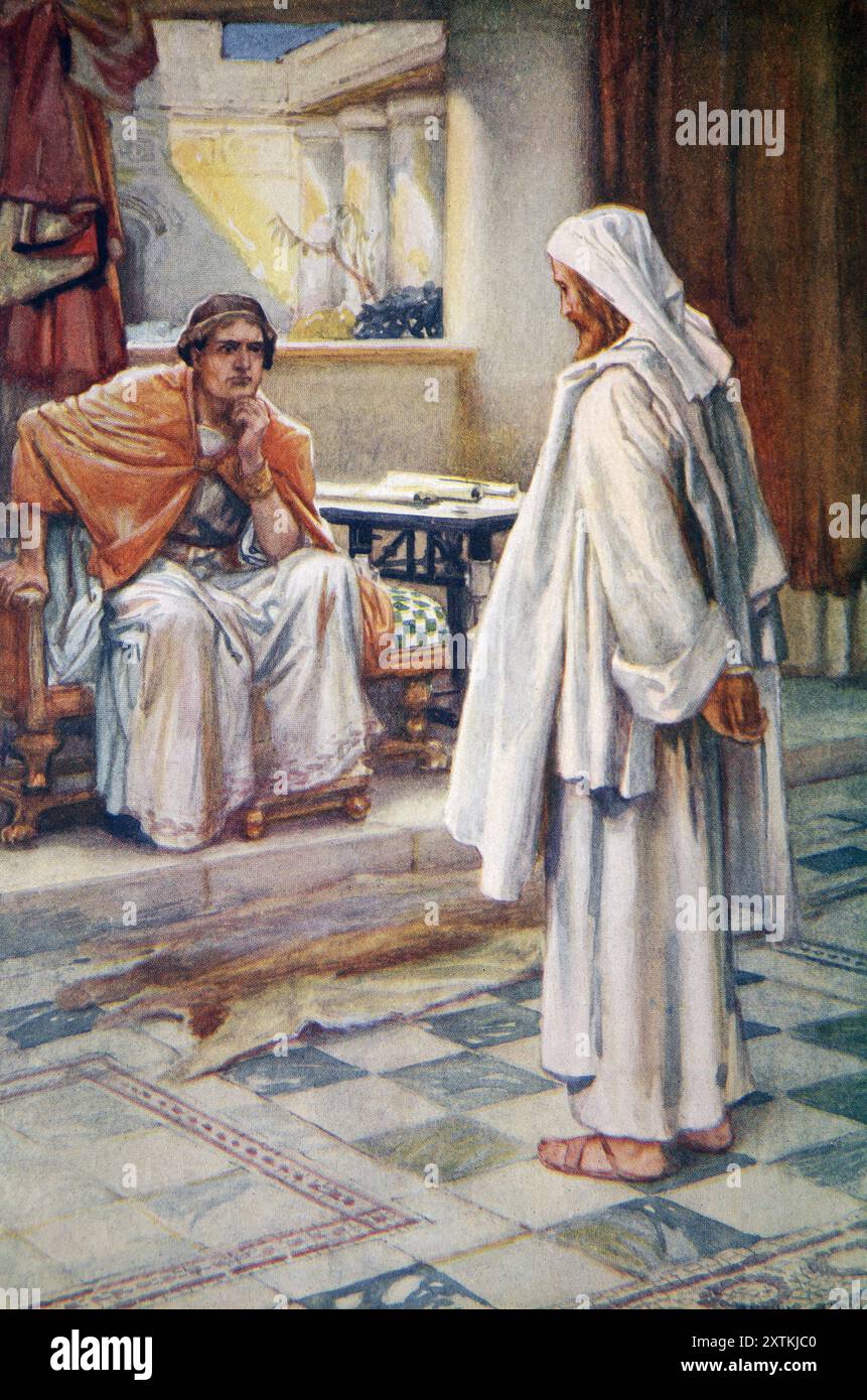 Illustration de Jésus-Christ apporté devant Ponce Pilate (Cour de Pilate) à partir du livre antique du XIXe siècle The Precious Gift Bible Stories for C. Banque D'Images