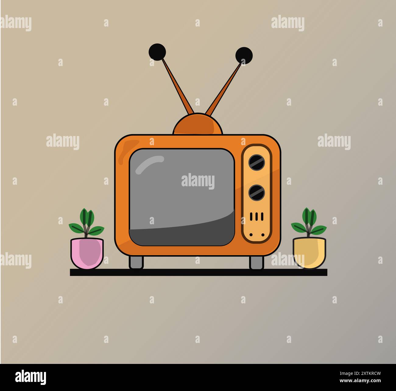 Un vieux téléviseur au design encombrant, des cadrans manuels, un écran rempli d'électricité statique et une antenne tordue, dégageant un charme rétro nostalgique. Banque D'Images