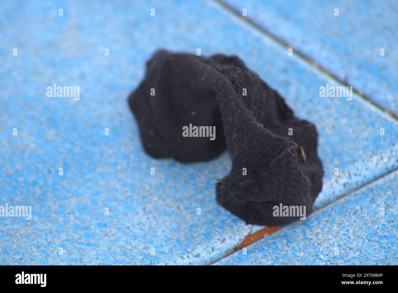 chaussettes noires laissées sur sol carrelé bleu Banque D'Images