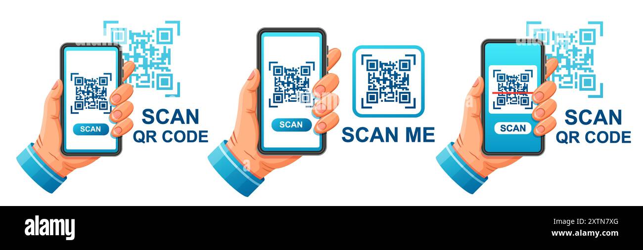 Scannez le code QR sur smartphone tenir en main, scanner de code à barres application de téléphone mobile pour le paiement en ligne. Jeu d'icônes du lecteur de codes-barres sur le téléphone Illustration de Vecteur