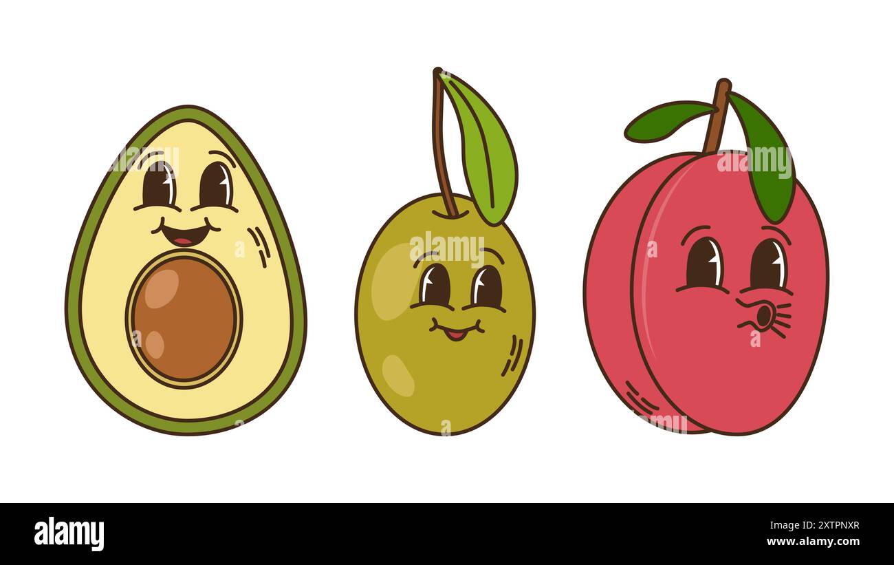 Fruits et baies dans un ensemble de style groovy. Personnages rétro tendance, mascotte comique. Avocat olive et prune. Affiche de bannière de conception. Y2K hippie 70s, 80s. Illustration vectorielle. Illustration de Vecteur