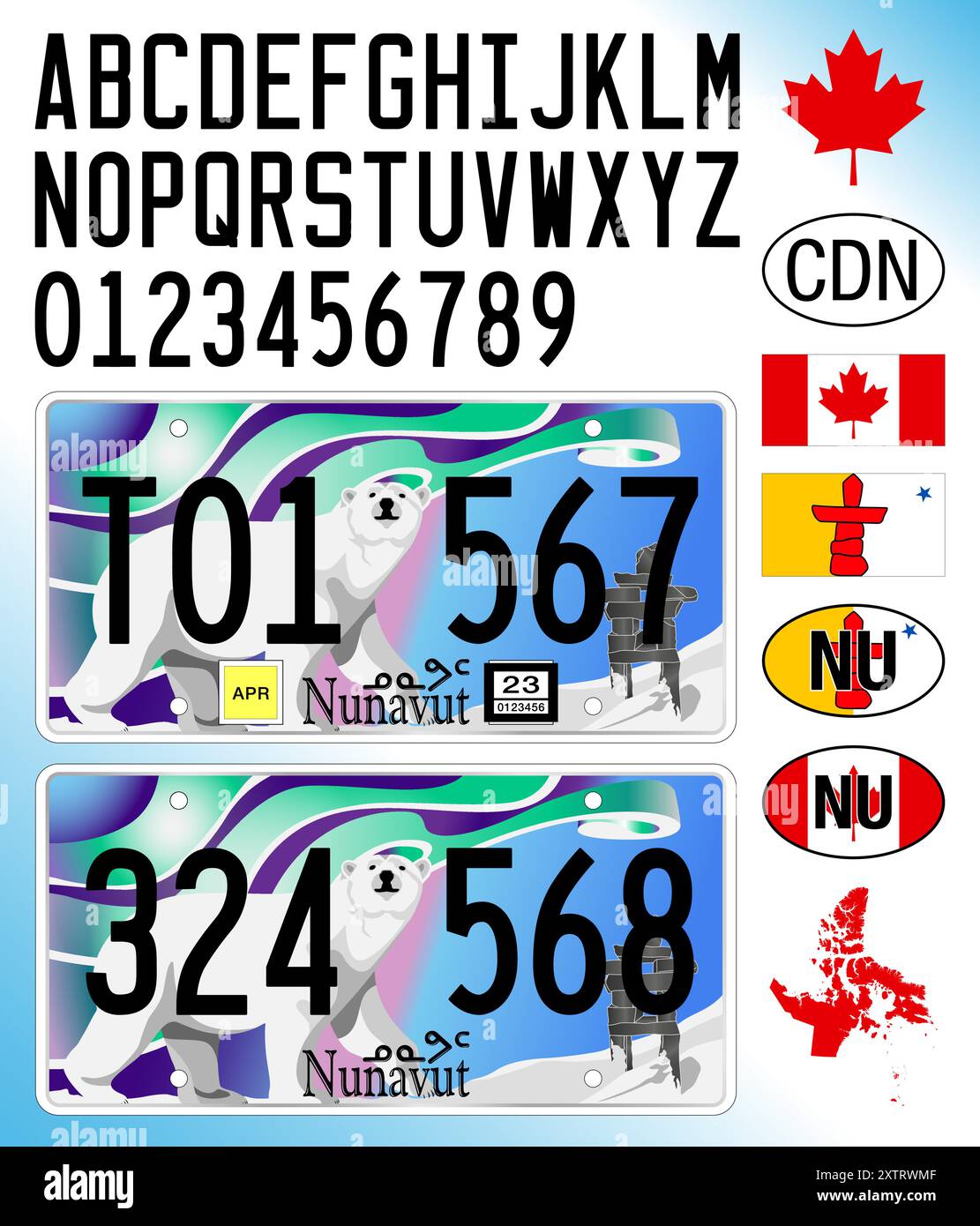 Modèle de plaque d'immatriculation du territoire du Nunavut, Canada, lettres, chiffres et symboles, illustration vectorielle, amérique du nord Illustration de Vecteur