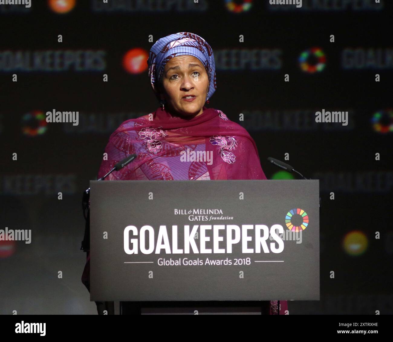 Amina Mohammed, Secrétaire générale adjointe des Nations Unies, prend la parole lors des Goalkeepers Global Goals Awards au Jazz au Lincoln Center de New York. Banque D'Images