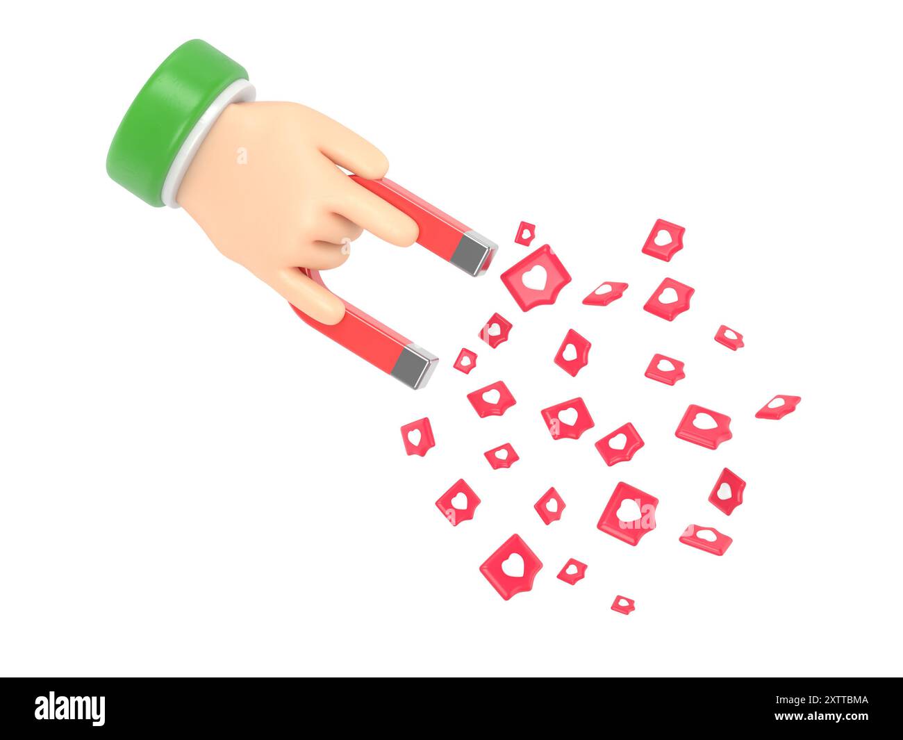 Aimant de maintien de main humaine avec coeur d'épingle. Concept de concept d'attirer un public. Métaphore SMM, révélant le concept de rendu followers.3D. Banque D'Images