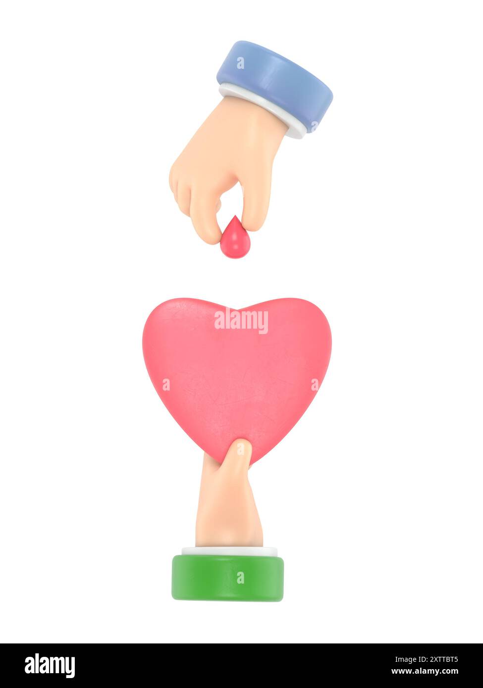 Concept de don de sang. Goutte de sang tenir dans la main donnant le coeur. Illustrations 3D design plat. Journée des donneurs. Fond médical.rendu 3D sur blanc Banque D'Images