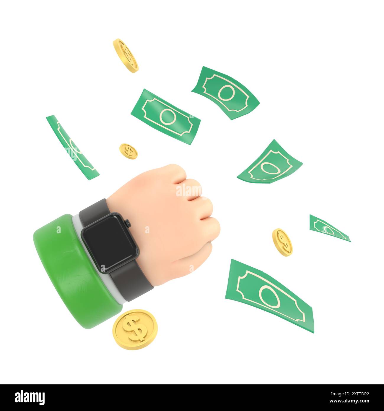 3d dessin animé rendre bras d'homme avec montre à main ou réveil et volant autour de la conception de bannière de billets de banque et de pièces de monnaie. Gagner de l'argent, Investment.rendu 3D. Banque D'Images