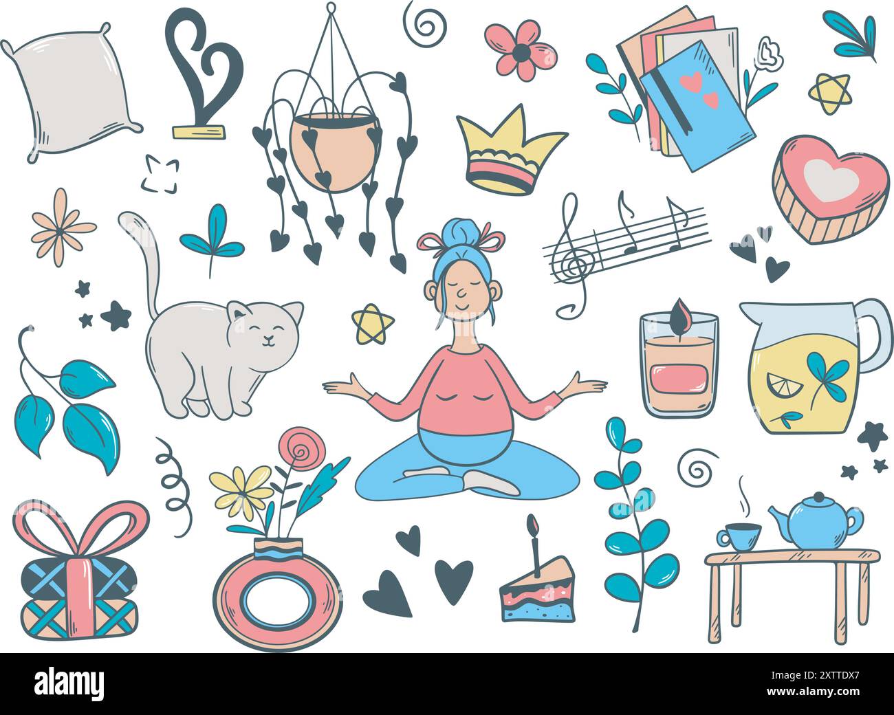 Femme enceinte méditant entourée d'objets représentant la pleine conscience et les soins de soi Illustration de Vecteur