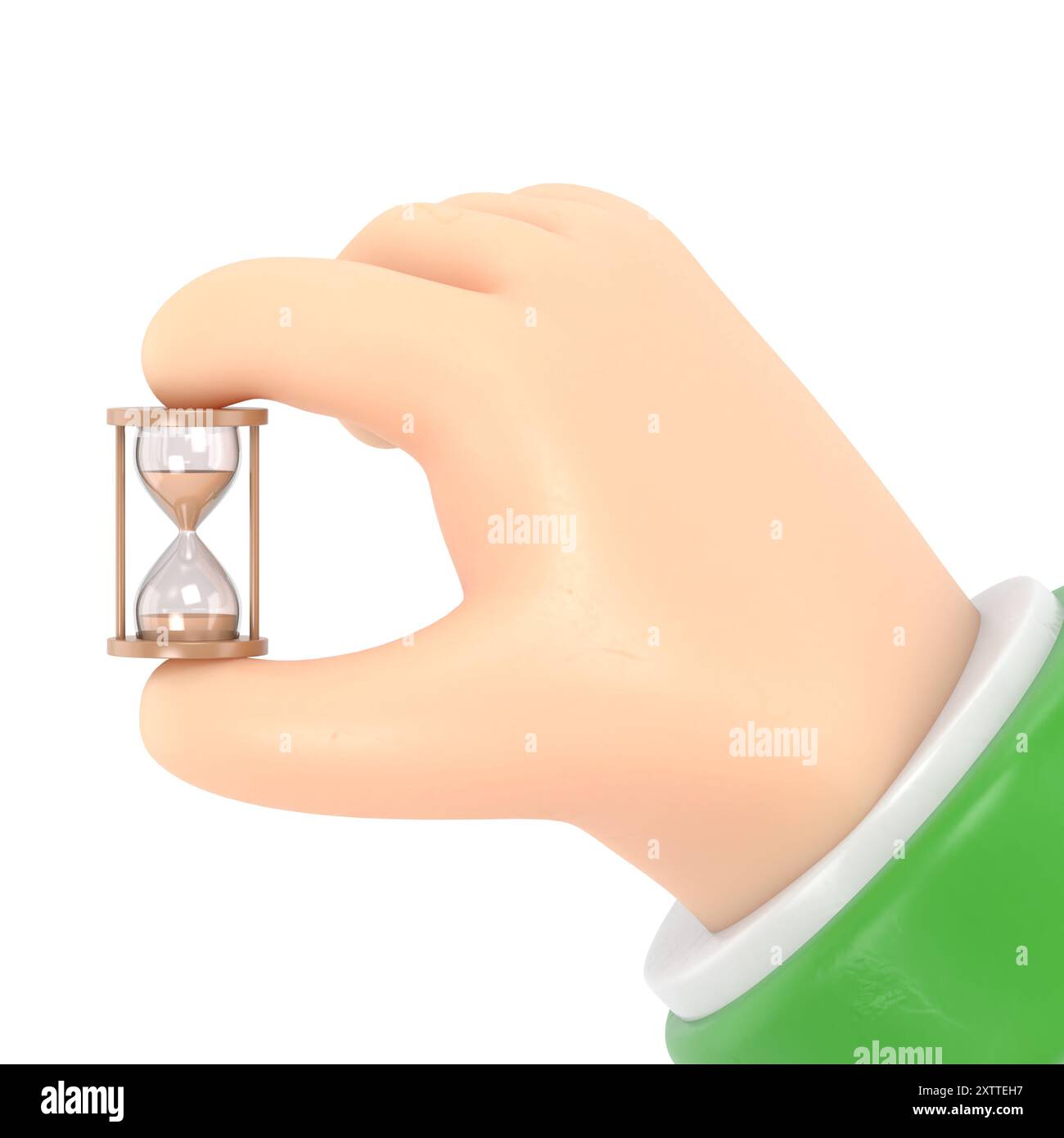 Maquette d'icône de geste de dessin animé. Icône en forme de sablier. Tenant le sablier dans la main. conception de dessins animés d'illustration 3d. Contrôle de la gestion du temps.renderi 3D. Banque D'Images