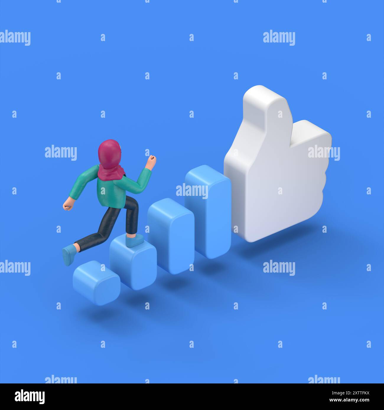 Illustration 3D isométrique sur fond bleu, augmenter la popularité sur les réseaux sociaux, illustration 3D de la femme arabe souriante Ghaliyah monte les escaliers Banque D'Images