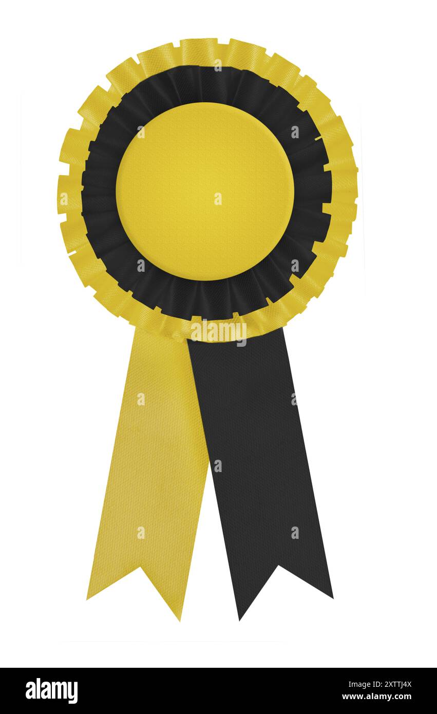 Rosette circulaire plissée noire et jaune gagnante faite de ruban avec centre jaune vierge. Utilise les couleurs du SNP (Scottish National Party). Banque D'Images