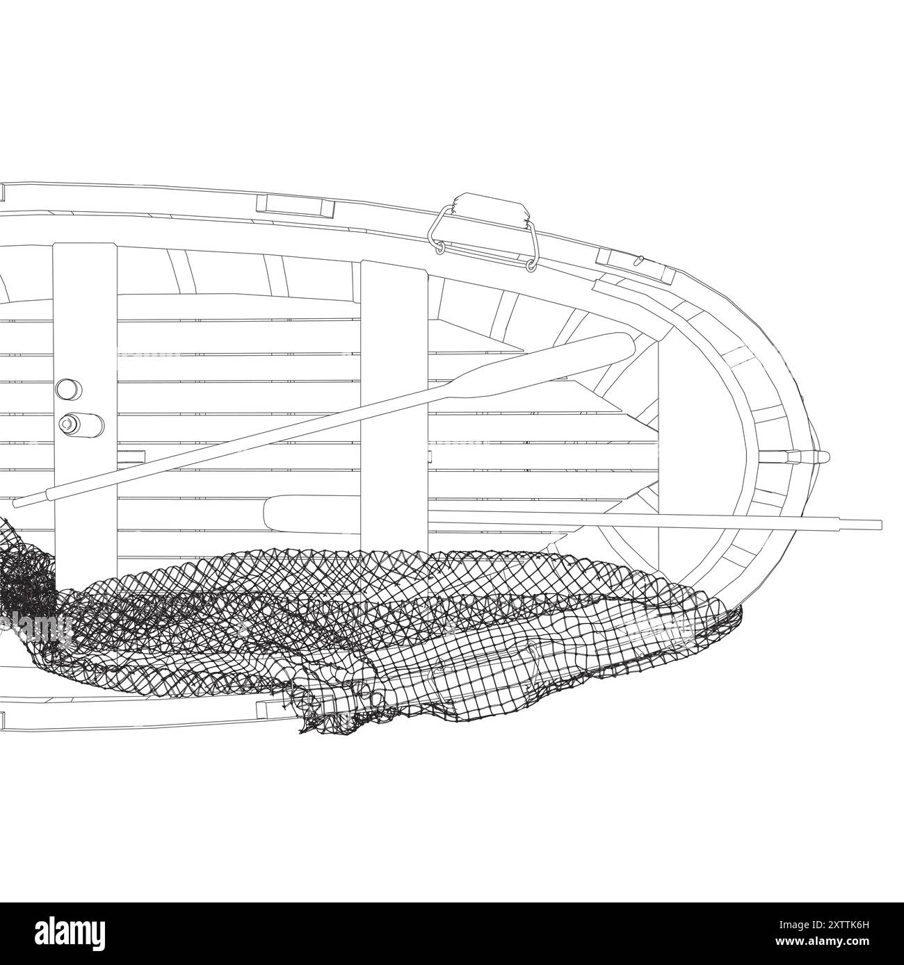 Illustration vectorielle de contour du bateau de pêche avec filet. Vue de dessus. Illustration de Vecteur