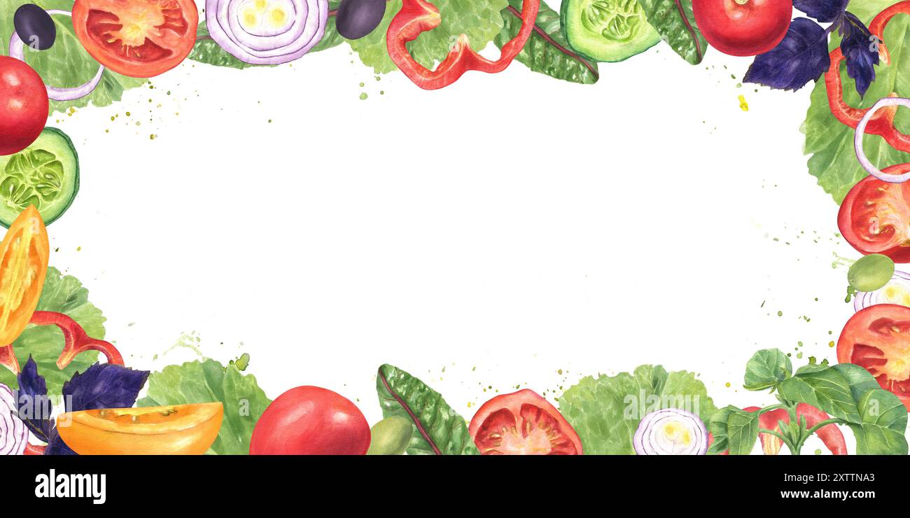 Légumes frais et herbes aromatiques. Tranches de tomate, oignon, concombre, poivron rouge et olives. Salade de feuilles et éclaboussure d'huile d'olive. Cadre horizontal Banque D'Images