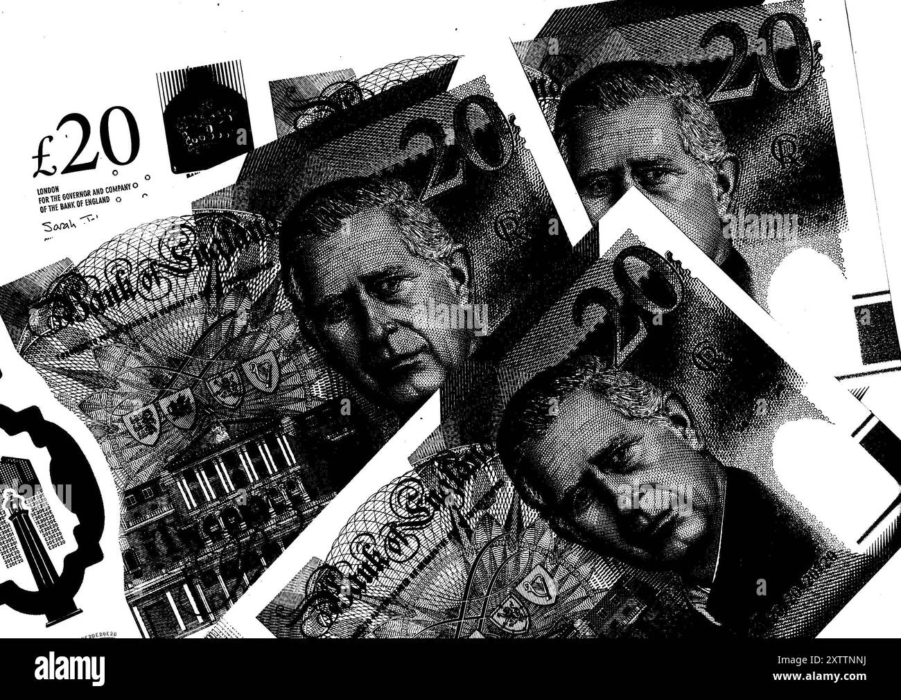 Les billets de banque modernes King Charles III de 20 £ en noir et blanc du Royaume-Uni sur fond blanc. Banque D'Images