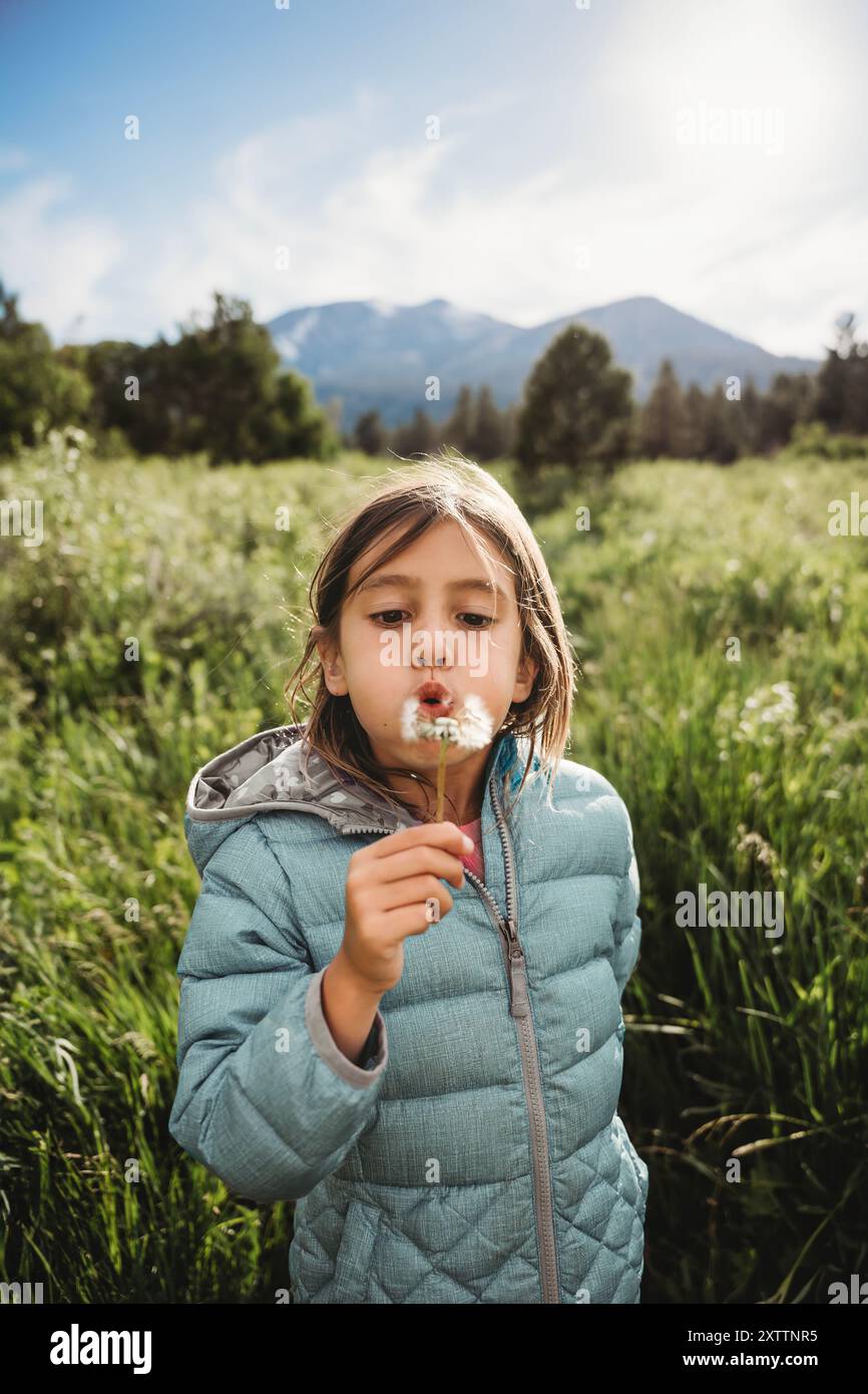 Fille asiatique soufflant la fleur de pissenlit avec des montagnes avec de hautes herbes Banque D'Images