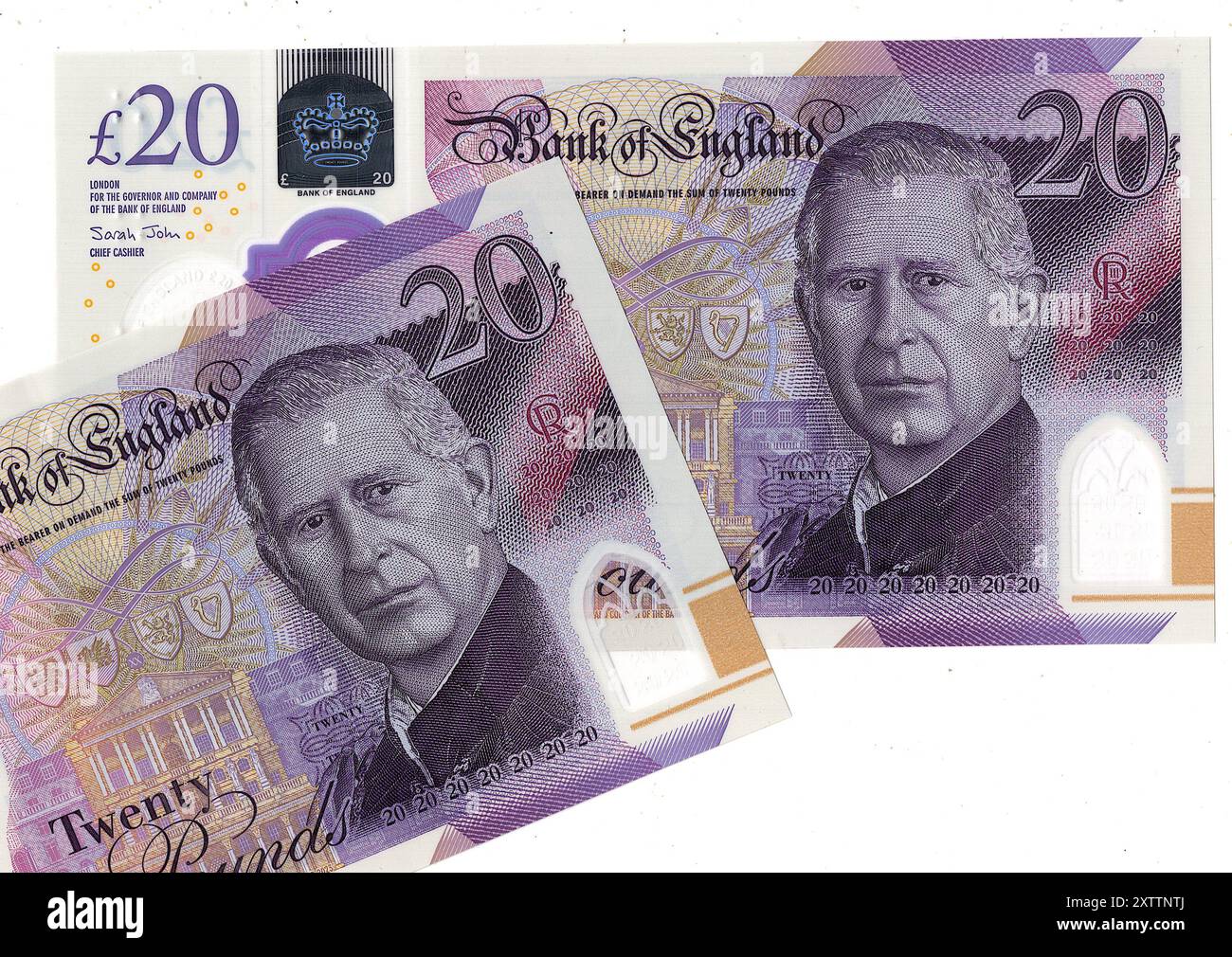 Moderne King Charles III billets de 20 £ du Royaume-Uni sur fond blanc. Banque D'Images