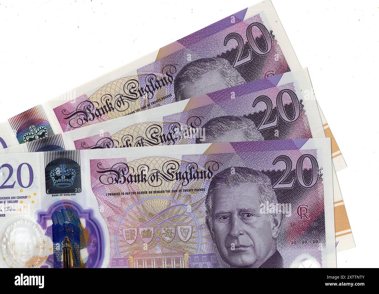 Moderne King Charles III billets de 20 £ du Royaume-Uni sur fond blanc. Banque D'Images