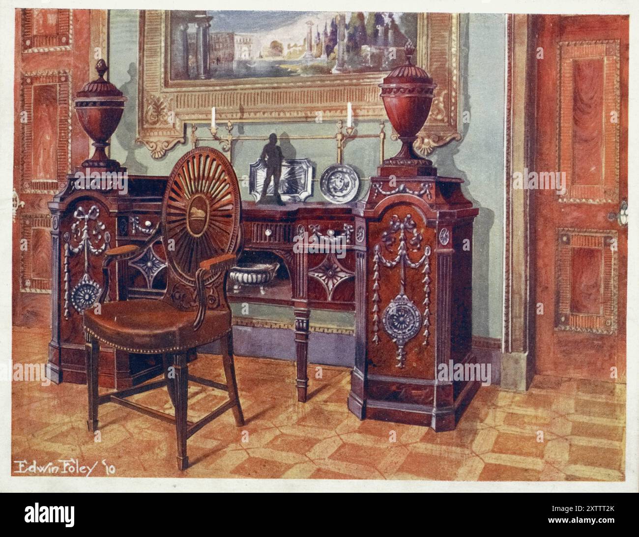 Möbel um die Jahrhundertwende 1900, Anrichte mit geschnitztem Mahagonisockel, ovaler Meisterstuhl mit Rolllehne 1910 - 1911, buffet de piédestal en acajou sculpté, chaise de maître à dossier ovale 1910 - 1911.jpg Banque D'Images