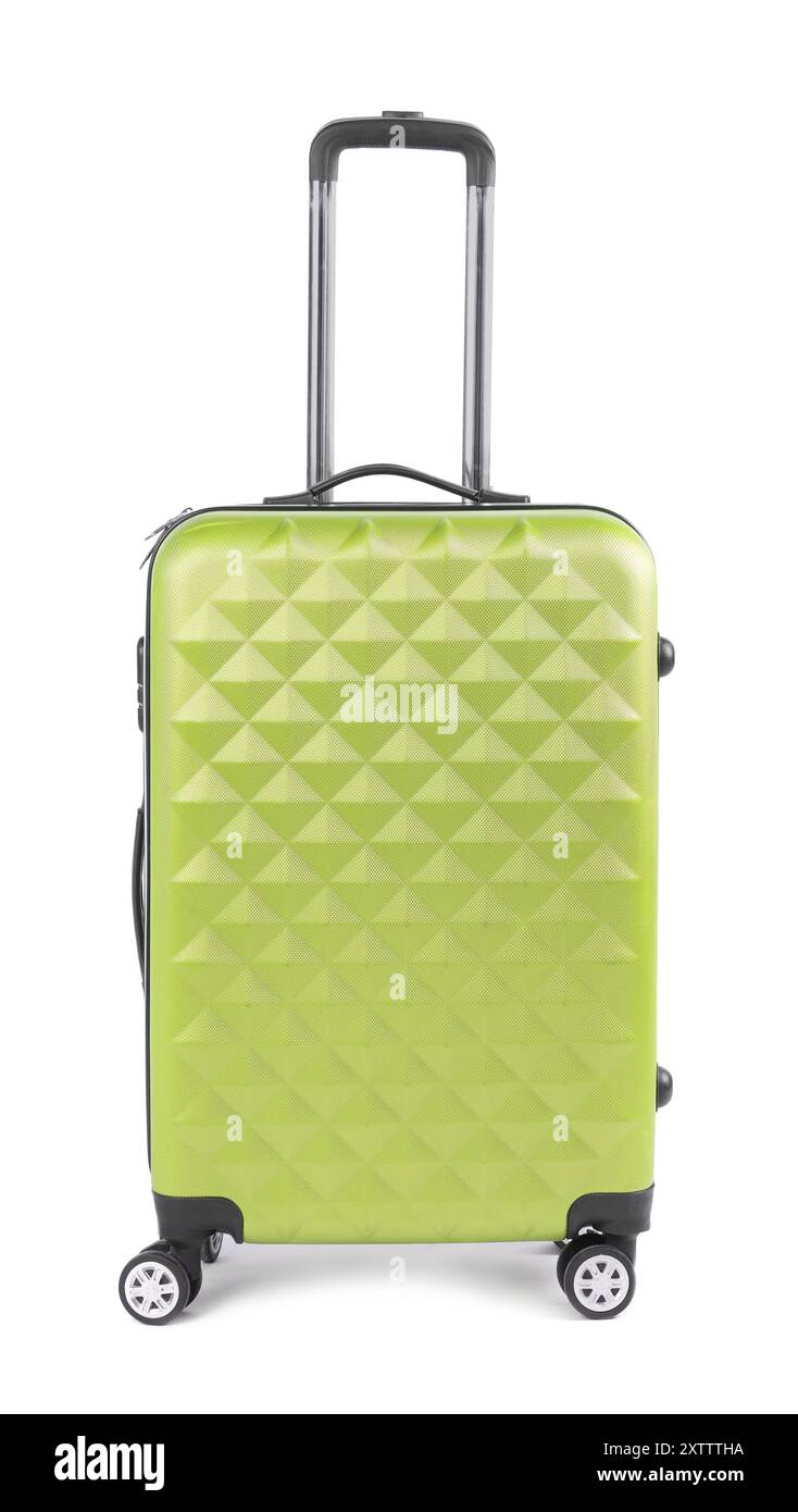 Une valise vert jaunâtre isolée sur blanc Banque D'Images
