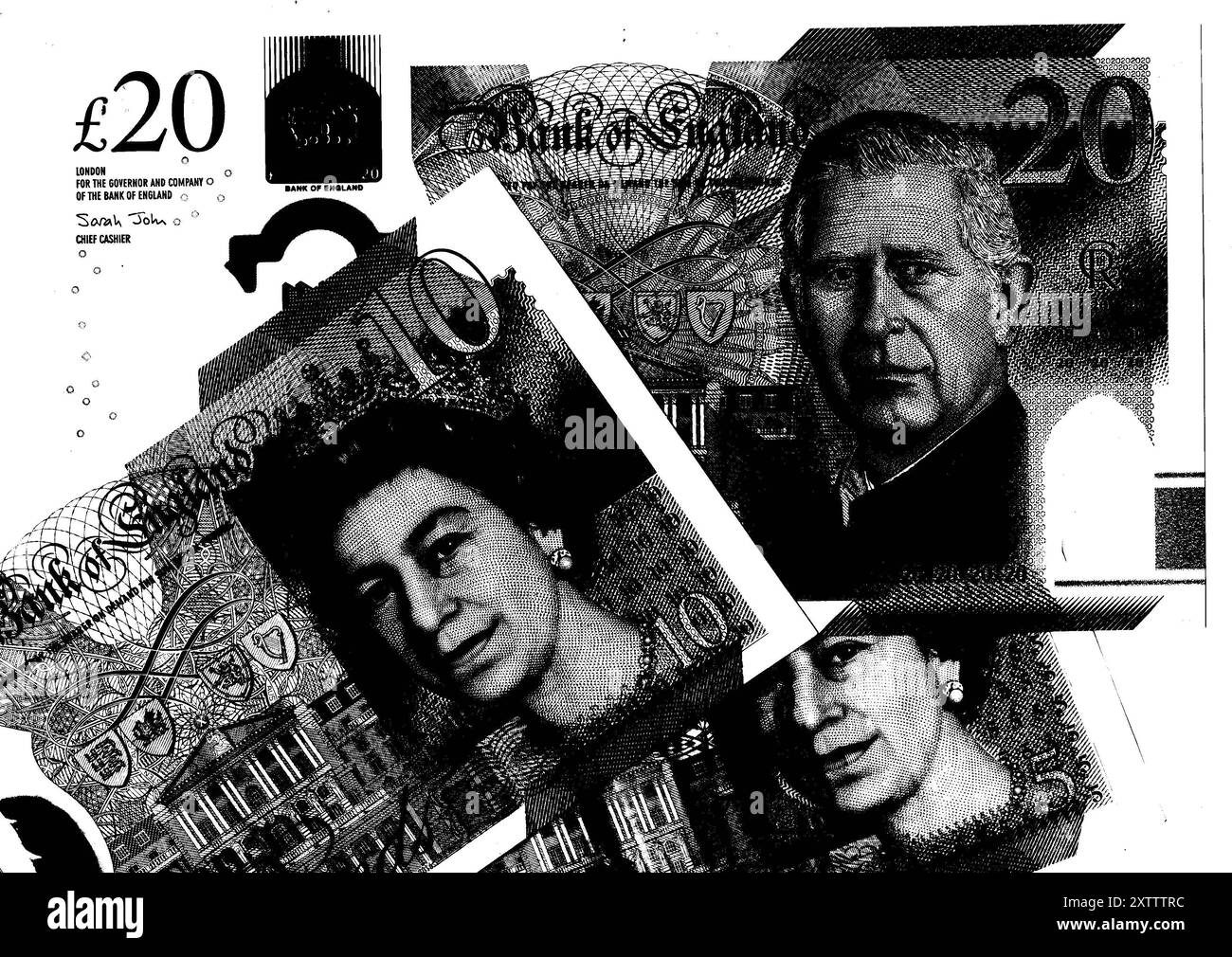 Un billet moderne de 20 £ du roi Charles III et d'autres billets en noir et blanc du Royaume-Uni sur fond blanc. Banque D'Images