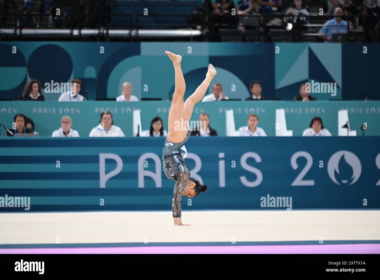 PARIS, FRANCE-28 juillet 2024 : Sunisa Lee des États-Unis lors de la qualification féminine de gymnastique artistique aux Jeux Olympiques de Paris 2024 à Bercy Arena Banque D'Images