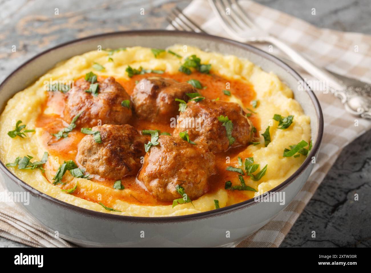 Boulettes de viande frites avec sauce épicée et polenta de maïs gros plan dans un bol sur la table. Horizontal Banque D'Images