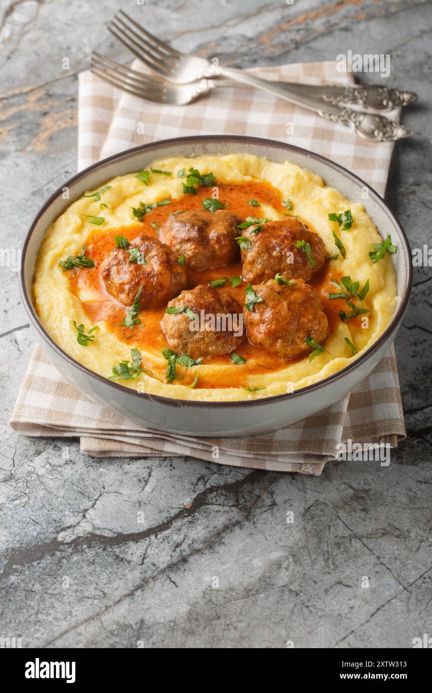 Boulettes de viande avec sauce épicée avec un plat d'accompagnement de porridge de maïs gros plan dans un bol sur la table. Vertical Banque D'Images