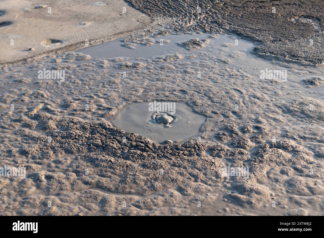 Volcan de boue actif à Berca, Buzau, Roumanie. Ces petits monticules en forme de volcan, généralement de quelques mètres de haut, résultent de profondes éruptions de gaz volcaniques. Banque D'Images