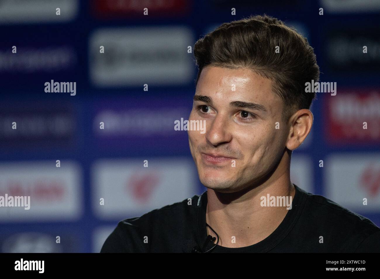 Madrid, Espagne. 16 août 2024. Julian Alvarez lors de sa présentation officielle en tant que nouveau joueur de l'Atletico de Madrid au stade Civitas Metropolitano. Crédit : Marcos del Mazo/Alamy Live News Banque D'Images