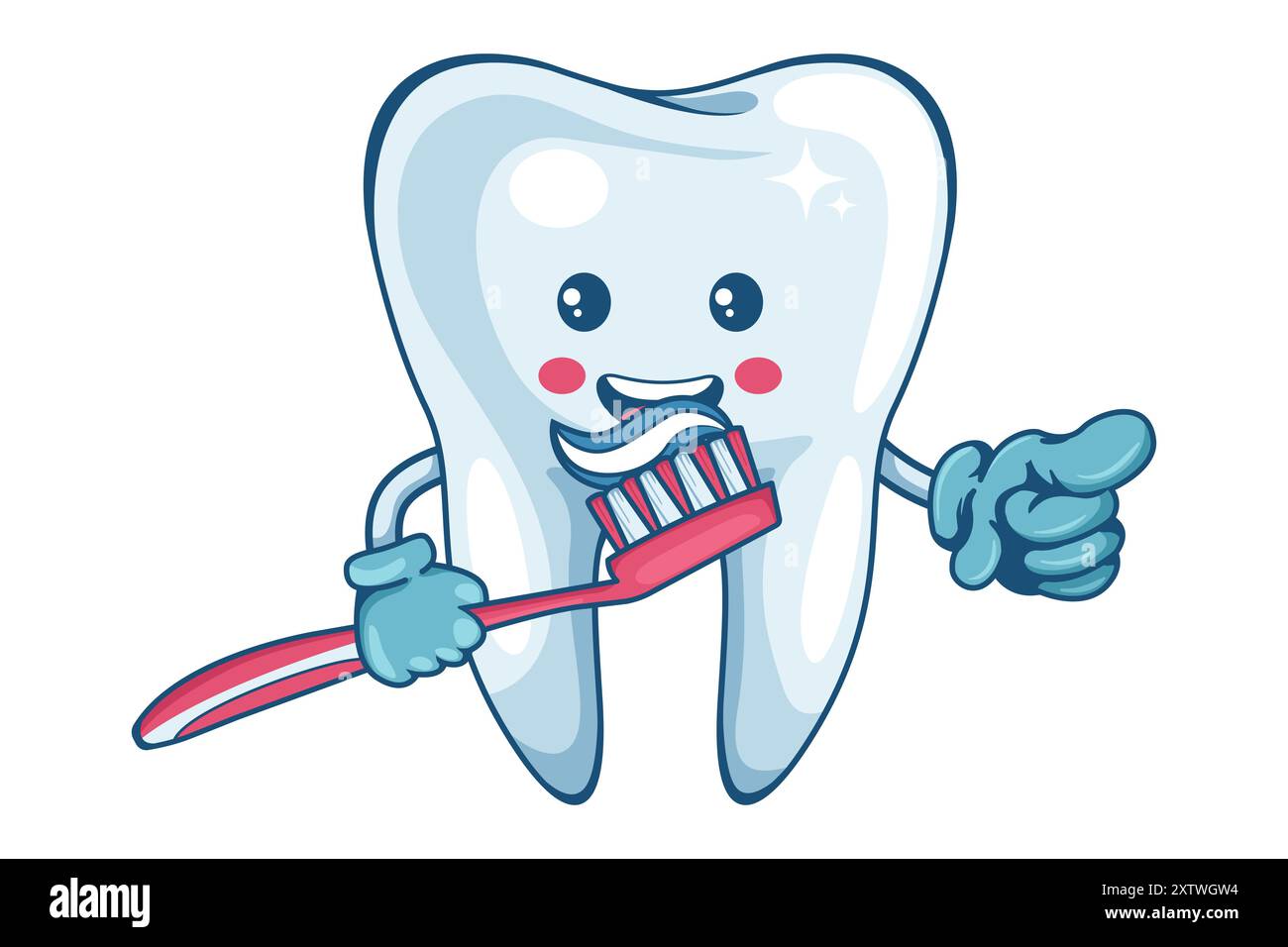 Personnage de dessin animé de dents avec un brossage de brosse à dents. Prévention, diagnostic et traitement des maladies des dents et des gencives. Hygiène dentaire et soins bucco-dentaires. Dent Illustration de Vecteur