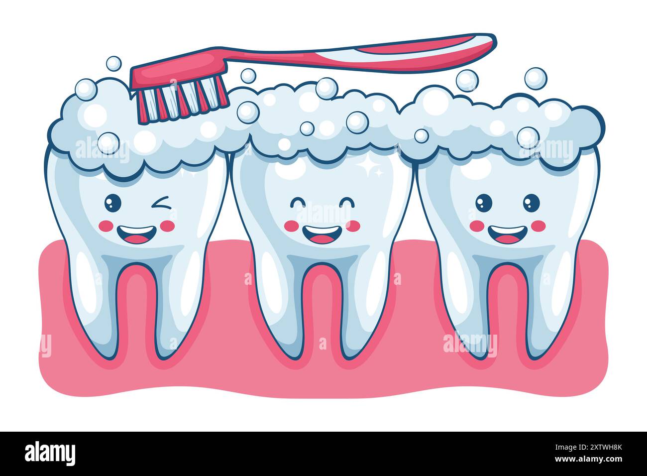 Dessin animé se brossant les dents et les gencives avec une brosse à dents pour les garder saines et propres. Prévention et traitement des maladies des dents et des gencives. Hygie dentaire Illustration de Vecteur