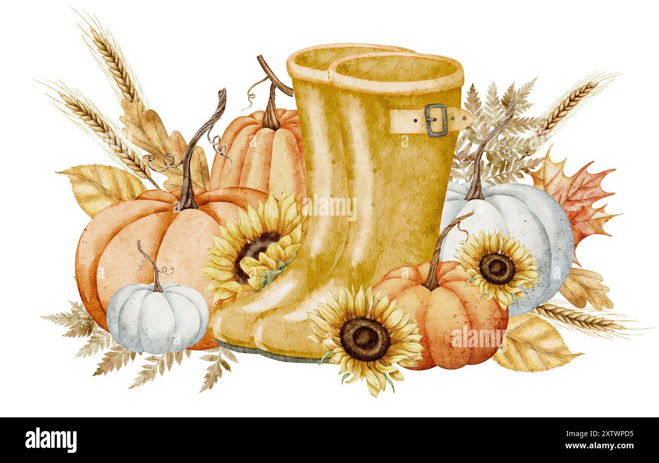 Illustration d'automne d'aquarelle avec citrouilles. Tournesols et bottes en caoutchouc jaunes. Dessin avec des feuilles d'orange d'automne et des blés pour des cartes de voeux ou des invitations de festival de récolte. Peinture rustique. Banque D'Images