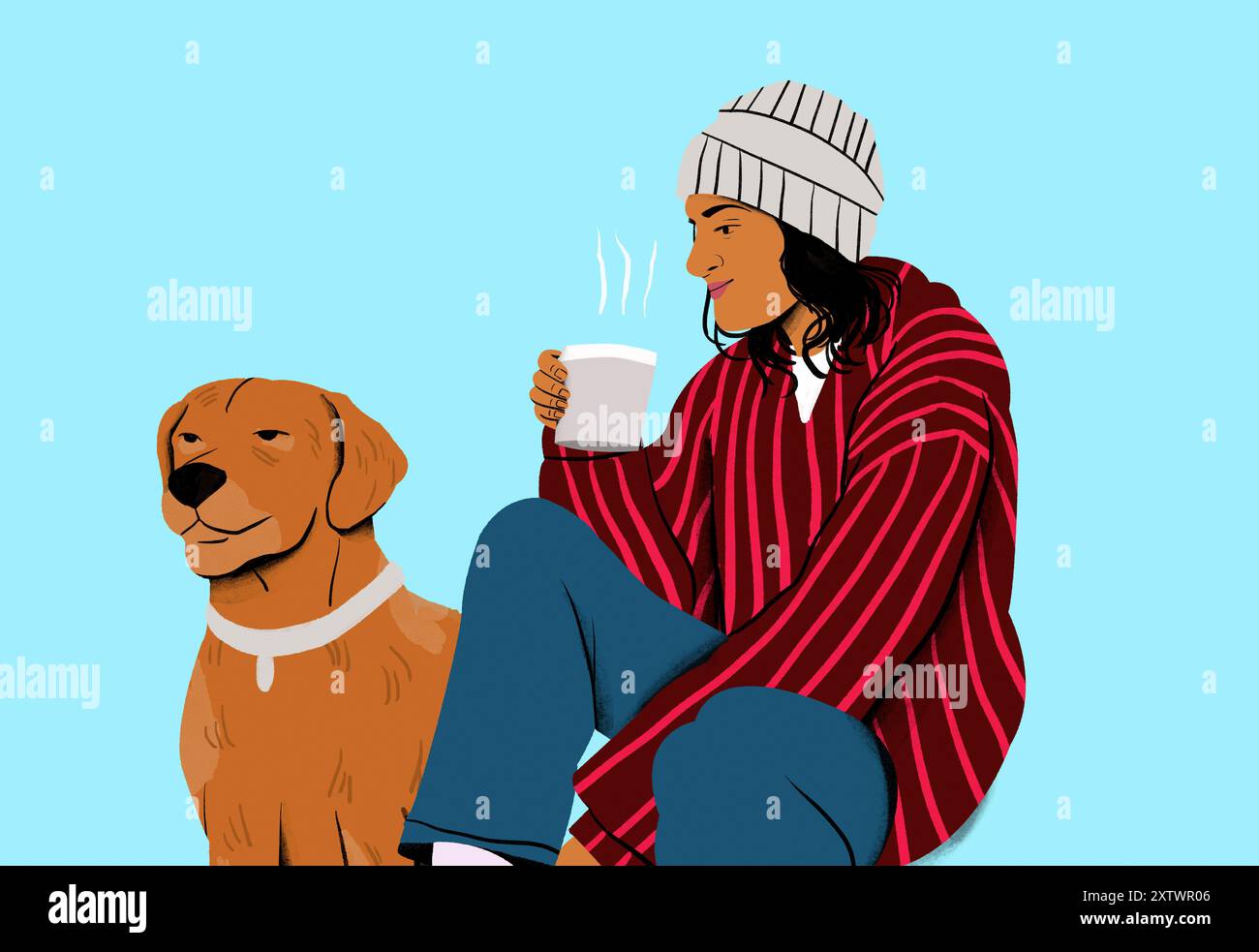 Une femme détendue dans un poncho rouge rayé et bonnet profite d'une boisson chaude à côté de son fidèle retriever doré sur un fond bleu clair. Banque D'Images