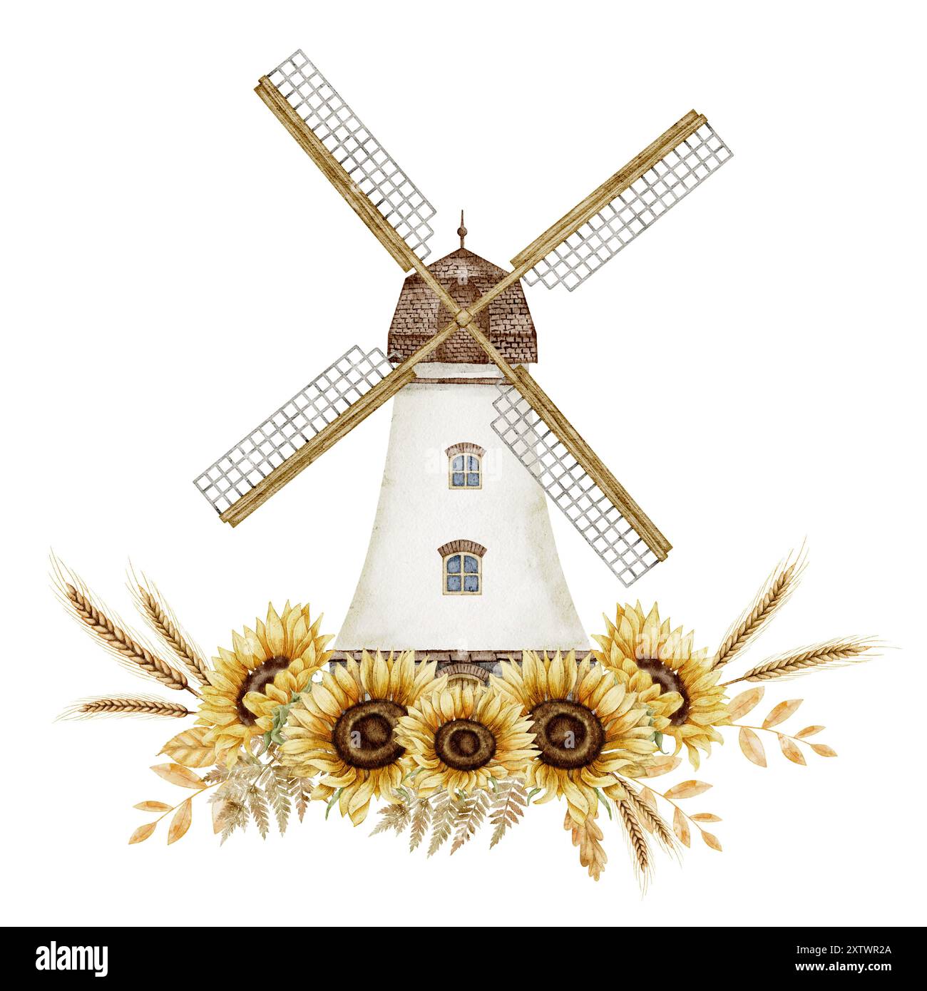 Moulin à vent aquarelle avec tournesols et blé. Illustration de moulin à vent vintage avec fleurs jaunes d'automne et épi. Dessin du bâtiment rustique avec des plantes d'automne pour la carte de voeux de festival de récolte Banque D'Images