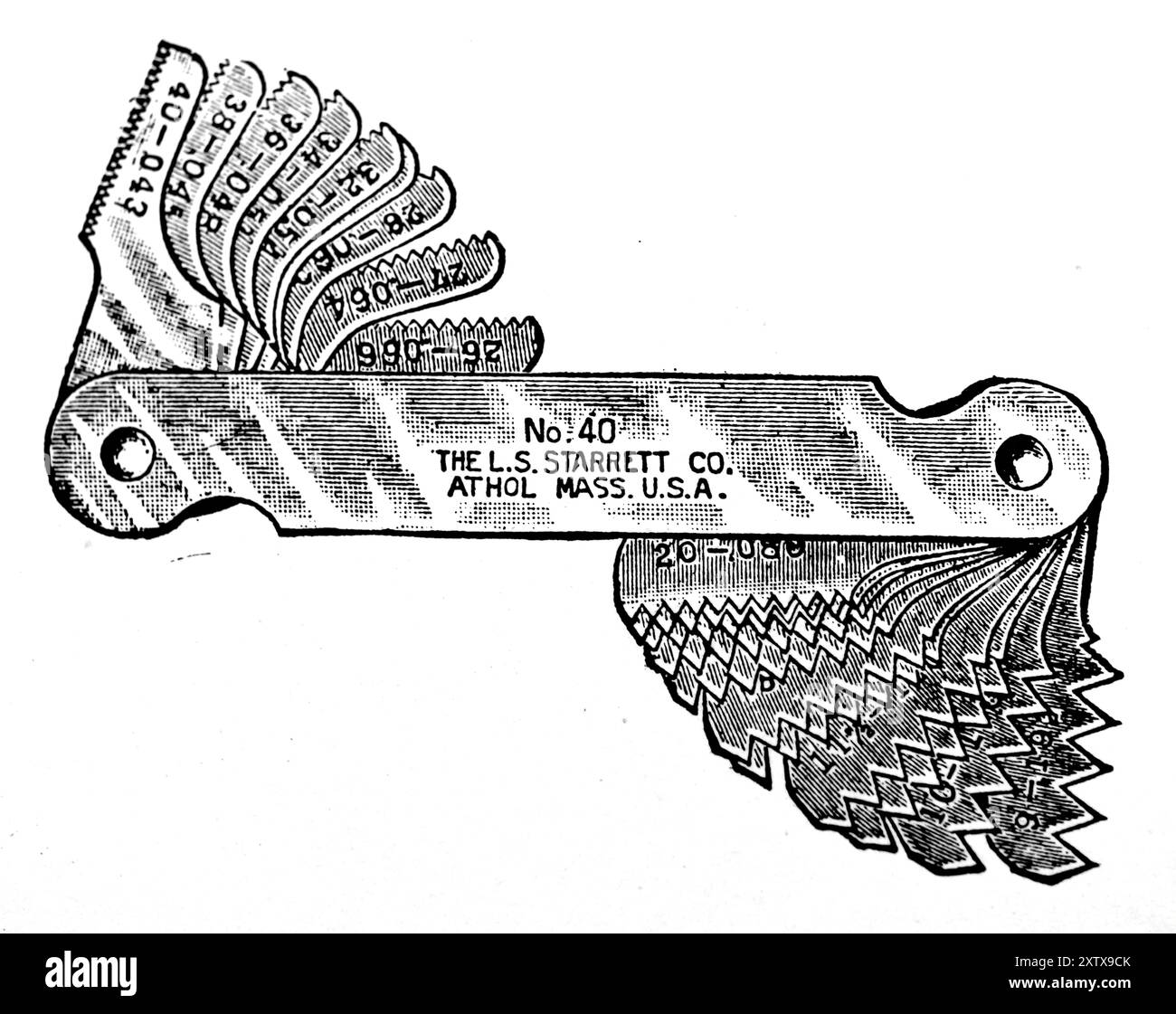 Starrett (Massachusetts, États-Unis) No 40 calibres à pas de vis. Cette photographie est tirée d'une large sélection d'illustrations et de photos d'ingénierie principalement non attribuées qui ont été publiées à l'origine en 1936. Les tailles et la qualité des originaux varient assez largement. Banque D'Images